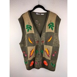 Vintage Autumn Vest Womens Green Acorn Leaf Embroidered Patchwork‎ Knit Cardigan